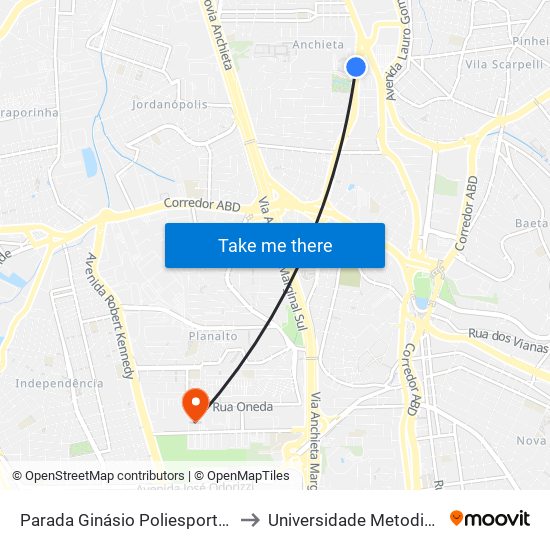 Parada Ginásio Poliesportivo to Universidade Metodista map