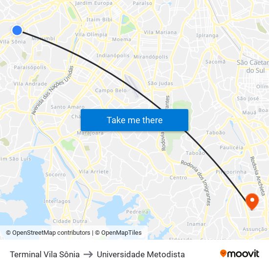 Terminal Vila Sônia to Universidade Metodista map