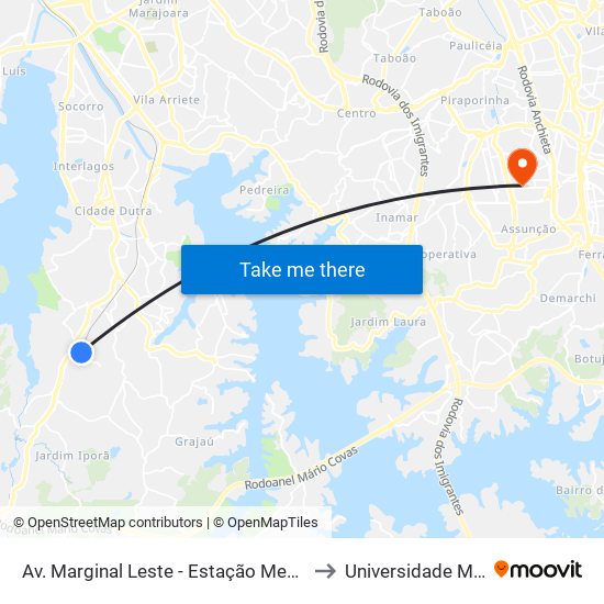 Av. Marginal Leste - Estação Mendes - Vila Natal to Universidade Metodista map