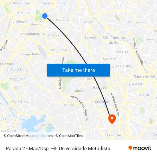 Parada 2 - Mac/Usp to Universidade Metodista map