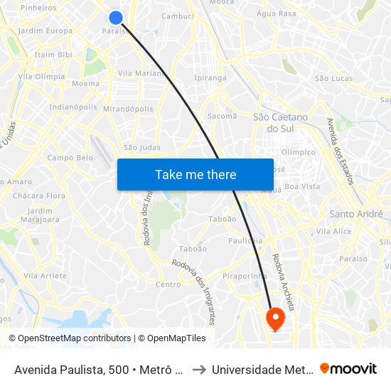 Avenida Paulista, 500 • Metrô Brigadeiro to Universidade Metodista map
