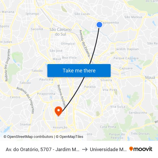 Av. do Oratório, 5707 - Jardim Mimar, São Paulo to Universidade Metodista map