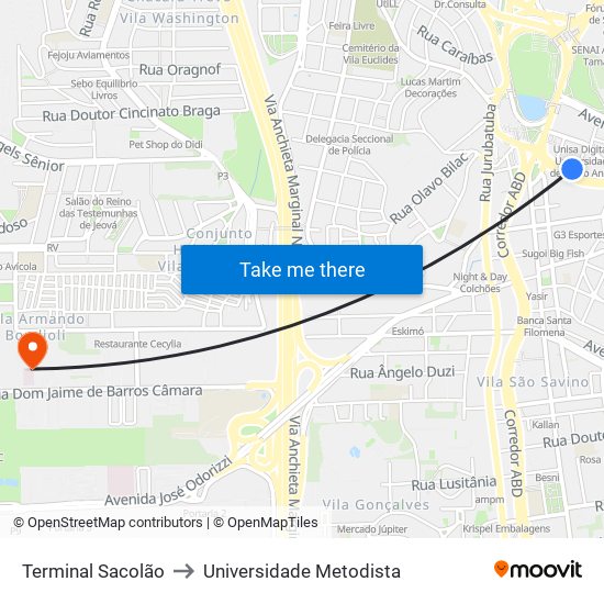 Terminal Sacolão to Universidade Metodista map