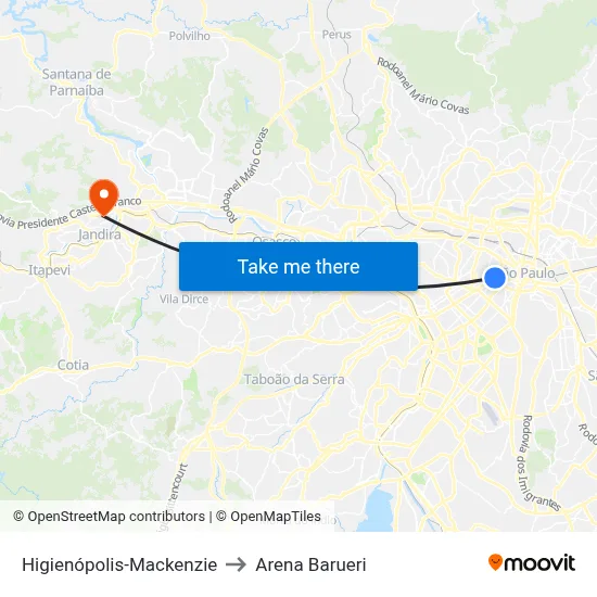 Higienópolis-Mackenzie to Arena Barueri map