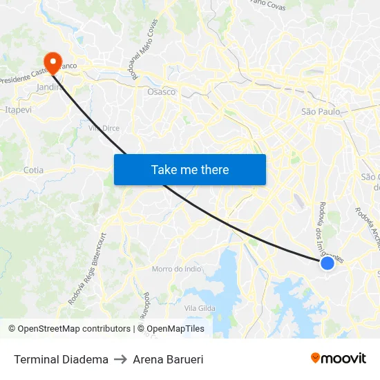 Terminal Diadema to Arena Barueri map