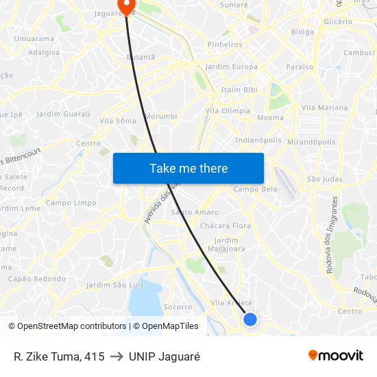 R. Zike Tuma, 415 to UNIP Jaguaré map