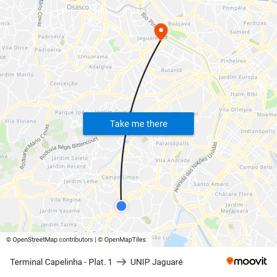 Terminal Capelinha - Plat. 1 to UNIP Jaguaré map