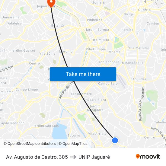 Av. Augusto de Castro, 305 to UNIP Jaguaré map