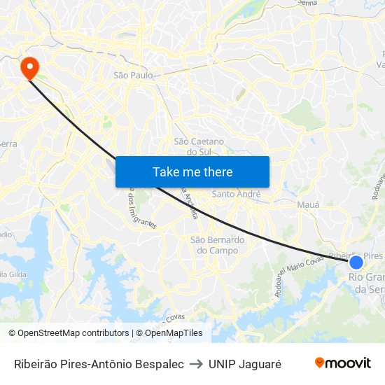 Ribeirão Pires-Antônio Bespalec to UNIP Jaguaré map