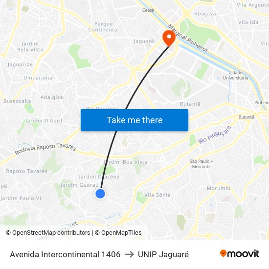 Avenida Intercontinental 1406 to UNIP Jaguaré map
