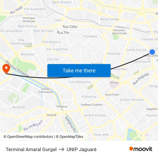 Terminal Amaral Gurgel to UNIP Jaguaré map