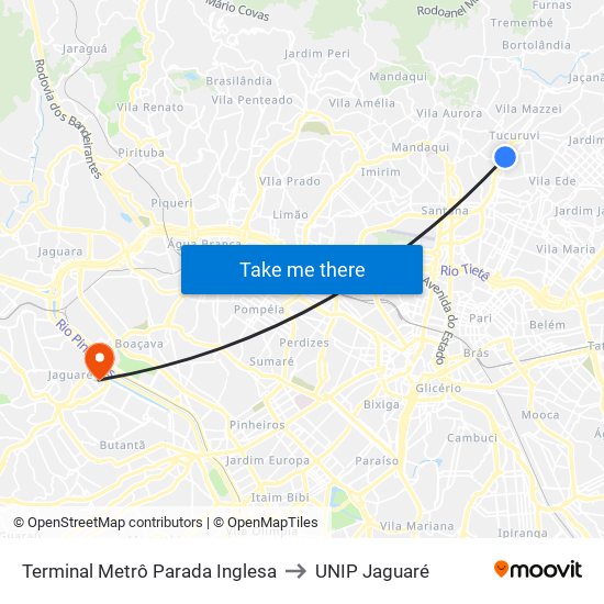 Terminal Metrô Parada Inglesa to UNIP Jaguaré map