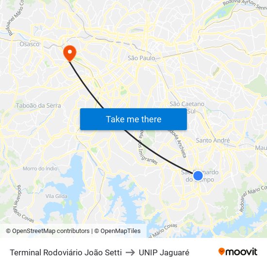 Terminal Rodoviário João Setti to UNIP Jaguaré map