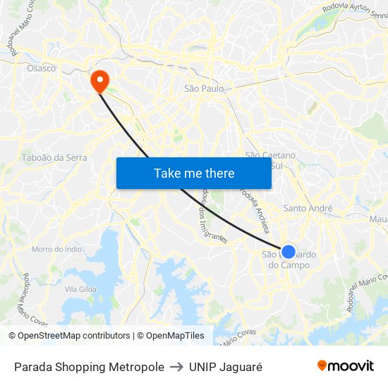Parada Shopping Metropole to UNIP Jaguaré map