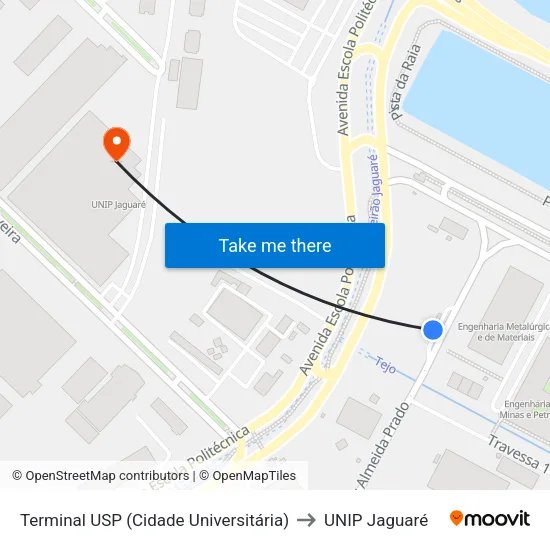 Terminal USP (Cidade Universitária) to UNIP Jaguaré map