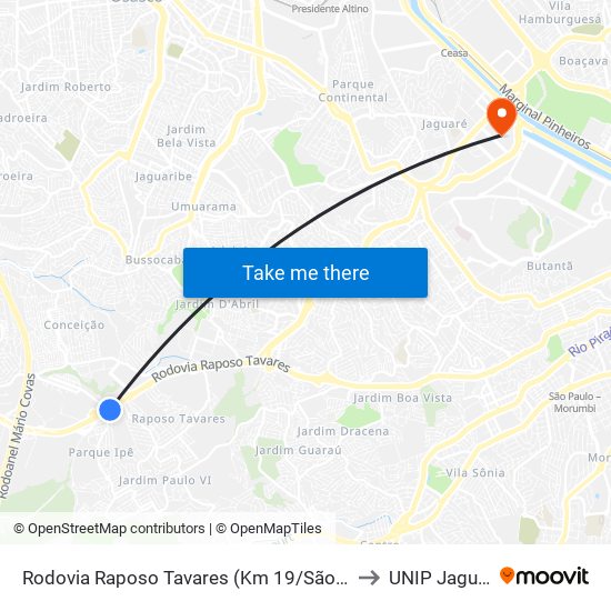 Rodovia Raposo Tavares (Km 19/São Paulo) to UNIP Jaguaré map