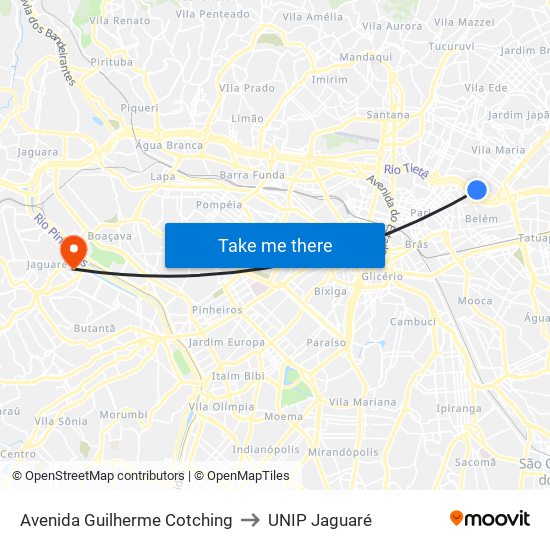 Avenida Guilherme Cotching to UNIP Jaguaré map