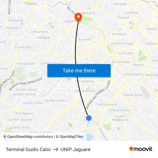 Terminal Guido Caloi to UNIP Jaguaré map