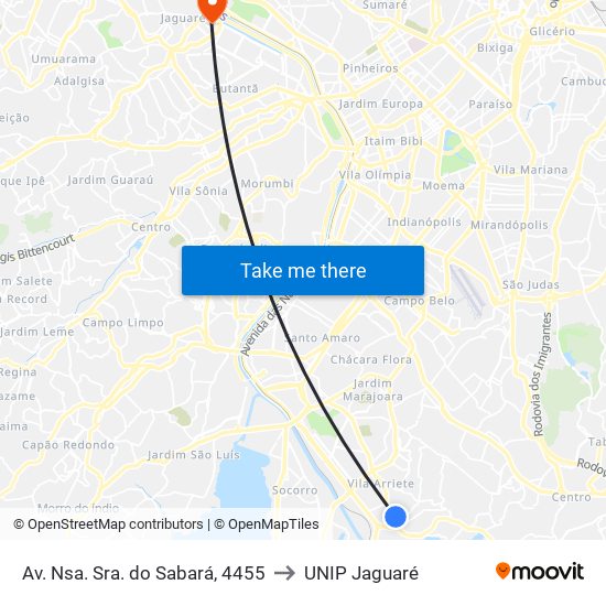 Av. Nsa. Sra. do Sabará, 4455 to UNIP Jaguaré map