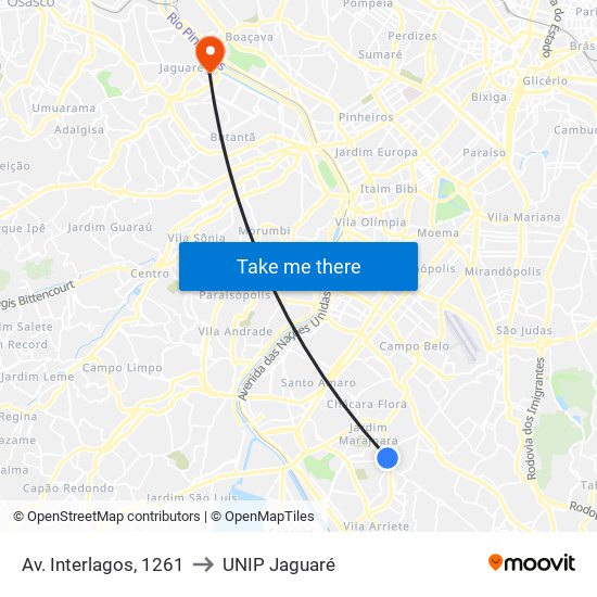 Av. Interlagos, 1261 to UNIP Jaguaré map