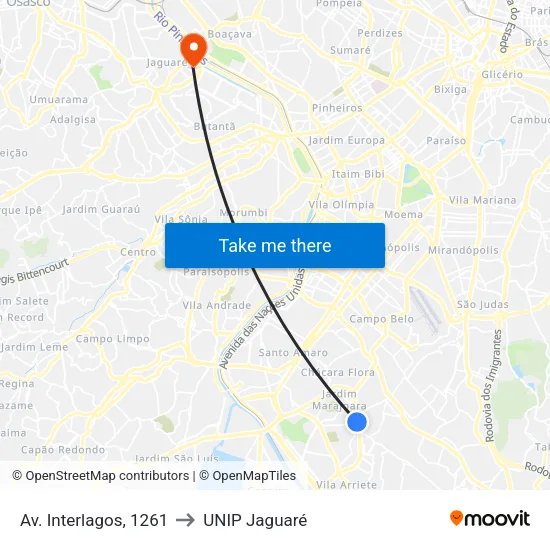 Av. Interlagos, 1261 to UNIP Jaguaré map