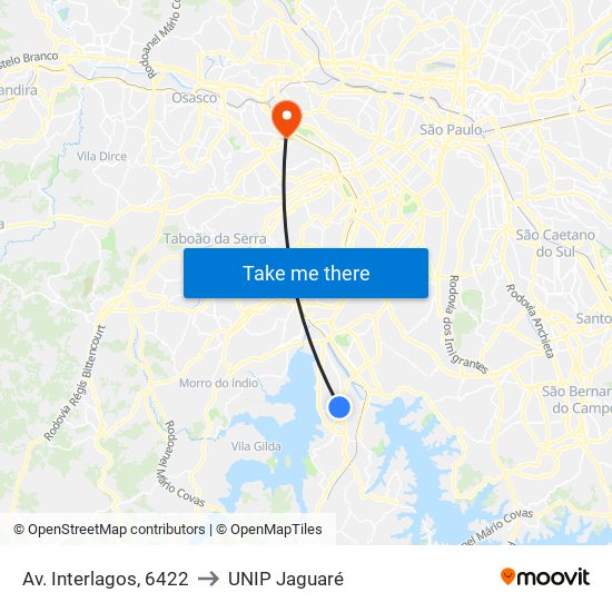 Av. Interlagos, 6422 to UNIP Jaguaré map