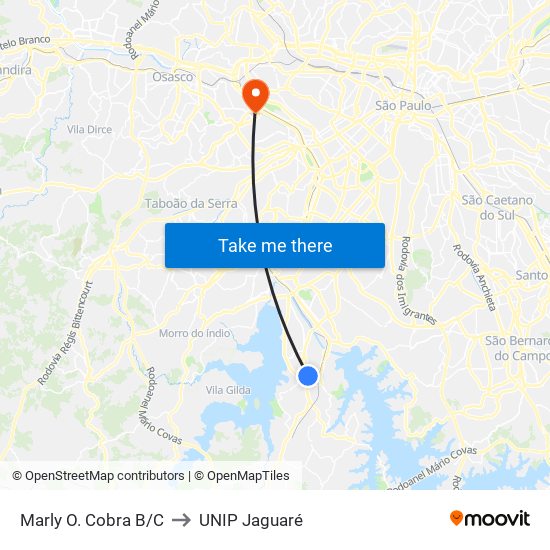 Marly O. Cobra B/C to UNIP Jaguaré map