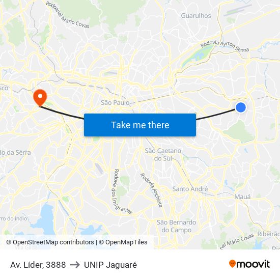 Av. Líder, 3888 to UNIP Jaguaré map