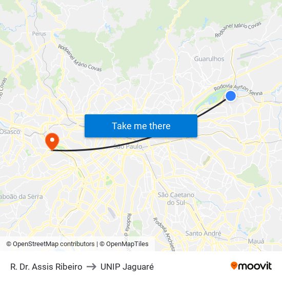 R. Dr. Assis Ribeiro to UNIP Jaguaré map