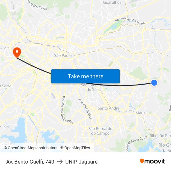 Av. Bento Guelfi, 740 to UNIP Jaguaré map