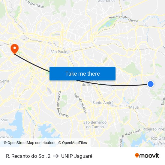 R. Recanto do Sol, 2 to UNIP Jaguaré map