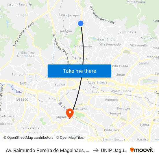 Av. Raimundo Pereira de Magalhães, 10680 to UNIP Jaguaré map