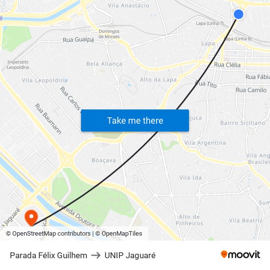 Parada Félix Guilhem to UNIP Jaguaré map