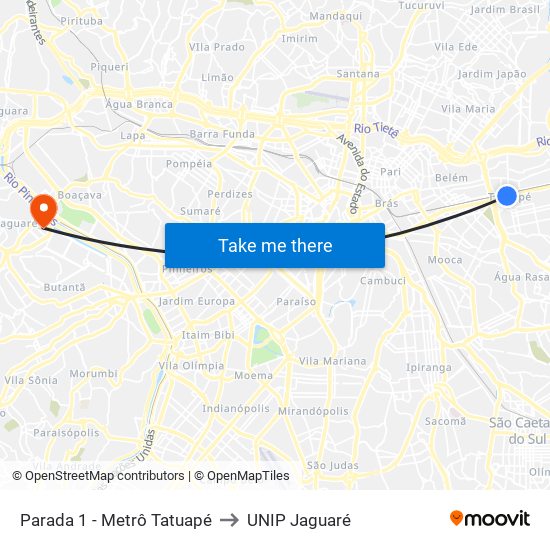 Parada 1 - Metrô Tatuapé to UNIP Jaguaré map