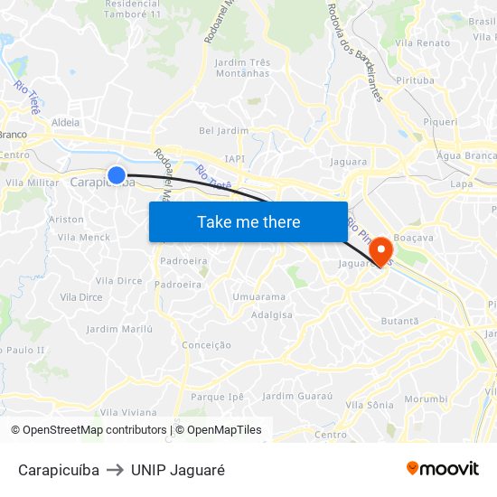 Carapicuíba to UNIP Jaguaré map