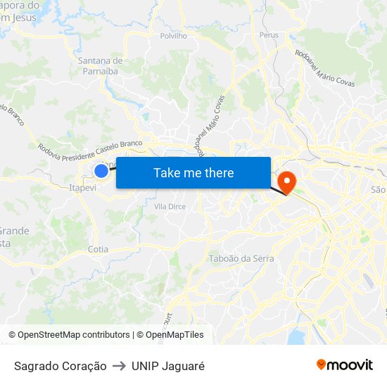 Sagrado Coração to UNIP Jaguaré map