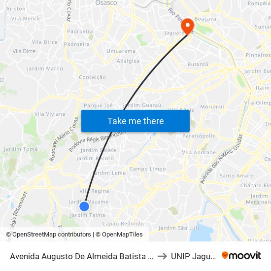 Avenida Augusto De Almeida Batista 2070 to UNIP Jaguaré map