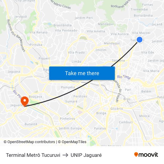 Terminal Metrô Tucuruvi to UNIP Jaguaré map