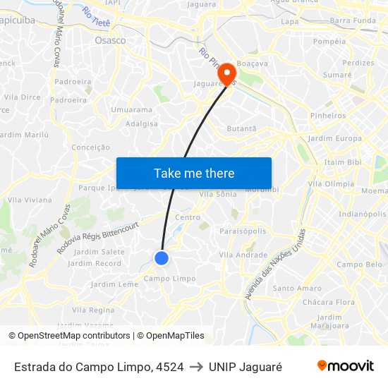 Estrada do Campo Limpo, 4524 to UNIP Jaguaré map