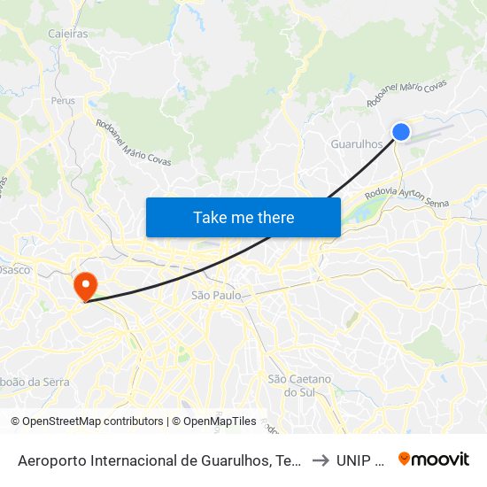 Aeroporto Internacional de São Paulo (Terminal de Passageiros 1) to UNIP Jaguaré map