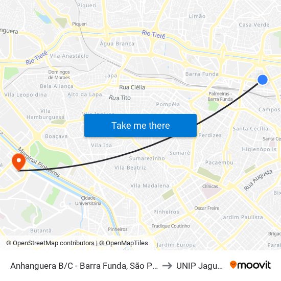 Anhanguera B/C - Barra Funda, São Paulo to UNIP Jaguaré map
