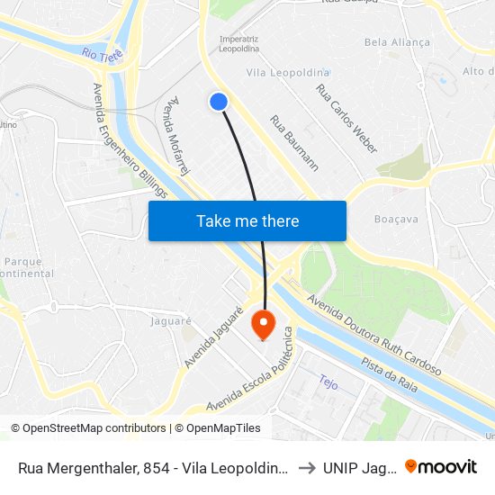 Rua Mergenthaler, 854 - Vila Leopoldina São Paulo to UNIP Jaguaré map