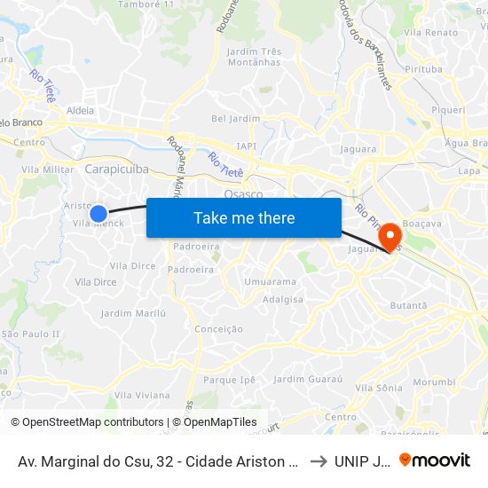 Av. Marginal do Csu, 32 - Cidade Ariston Estela Azevedo, Carapicuíba to UNIP Jaguaré map