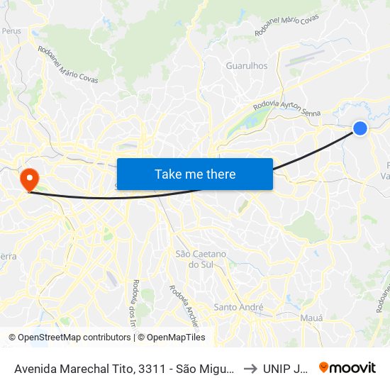 Avenida Marechal Tito, 3311 - São Miguel Paulista, São Paulo to UNIP Jaguaré map