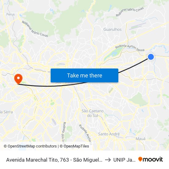 Avenida Marechal Tito, 763 - São Miguel Paulista, São Paulo to UNIP Jaguaré map