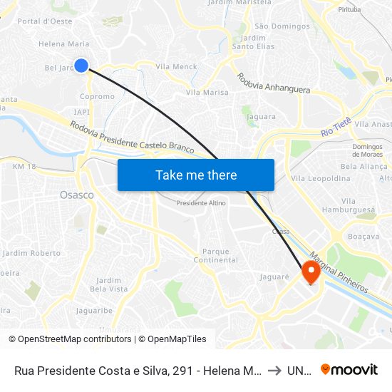 Rua Presidente Costa e Silva, 291 - Helena Maria, Osasco - São Paulo, República Federativa do Brasil - Jardim Elvira, Osasco to UNIP Jaguaré map