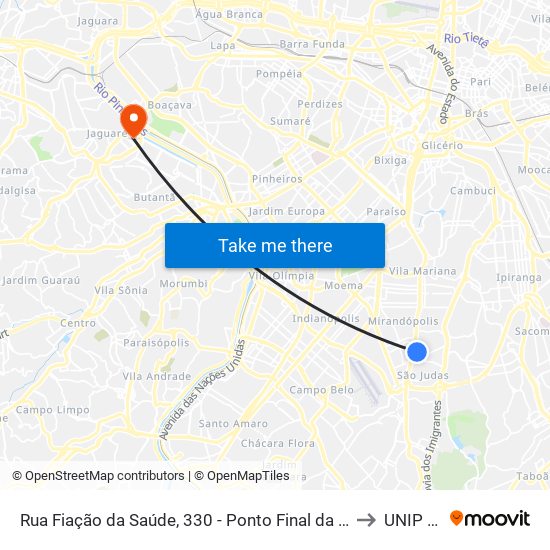 Rua Fiação da Saúde, 330 - Ponto Final da Linha 446 - Vila da Saúde, São Paulo to UNIP Jaguaré map
