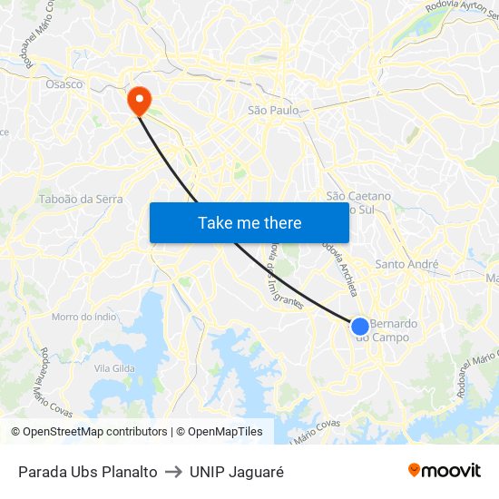 Parada Ubs Planalto to UNIP Jaguaré map