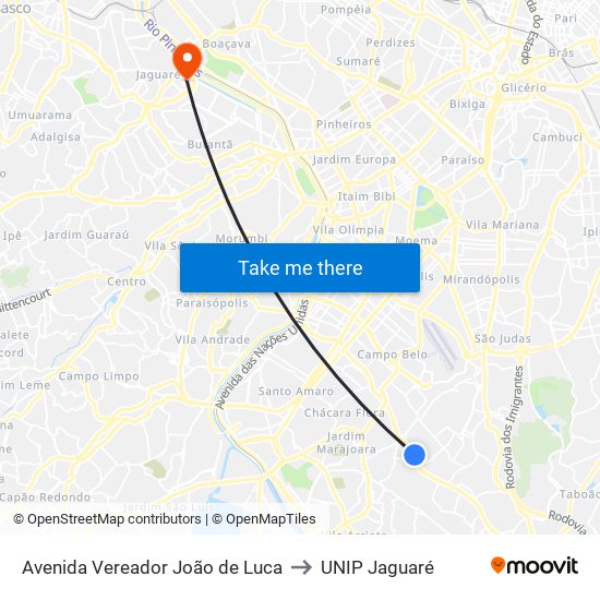 Avenida Vereador João de Luca to UNIP Jaguaré map