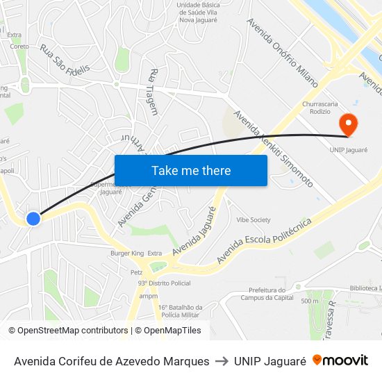 Avenida Corifeu de Azevedo Marques to UNIP Jaguaré map